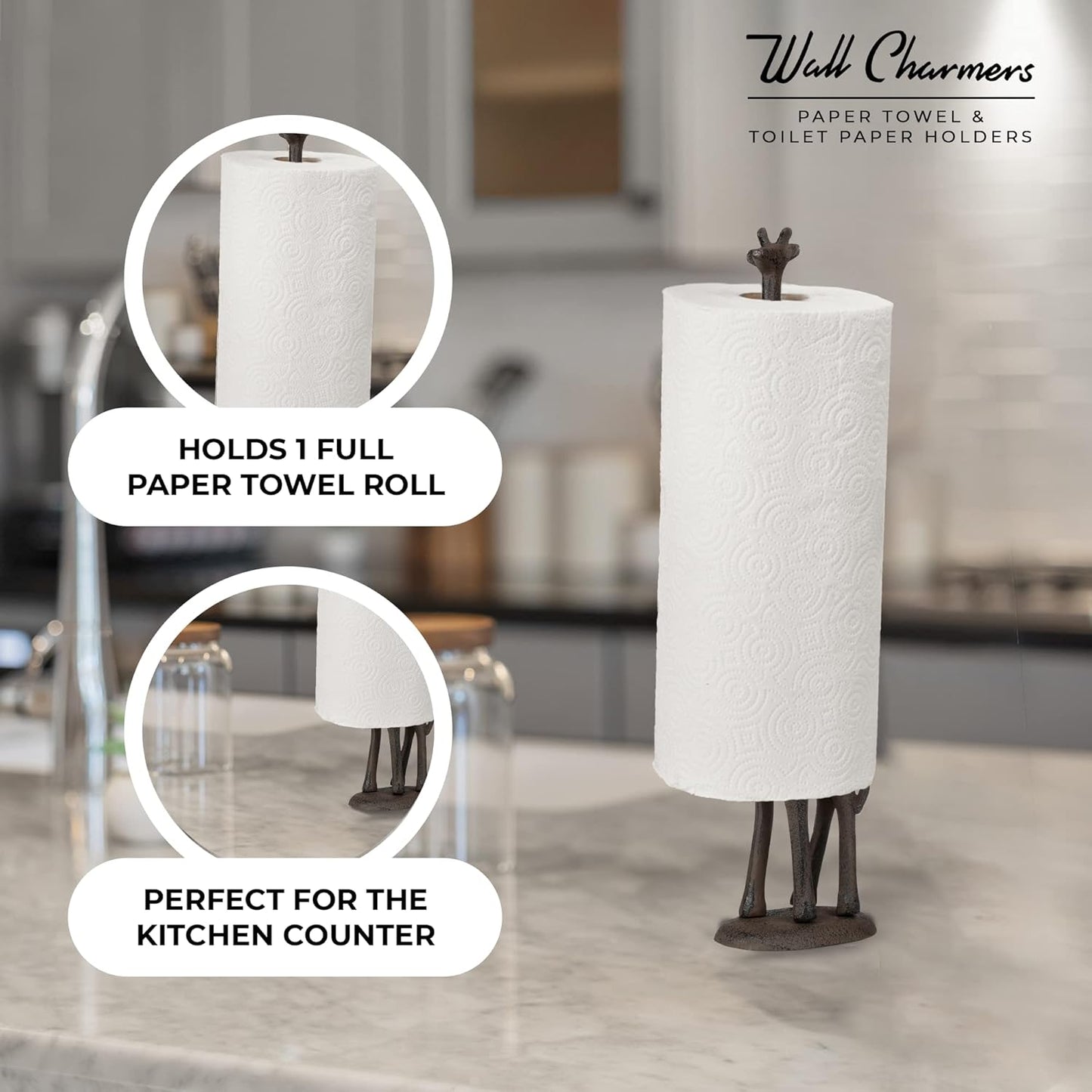 WallCharmers Rustic Paper Towel Holder, Metal Toilet or Kitchen Paper Holder for Floor or Countertop, Rustic Giraffe