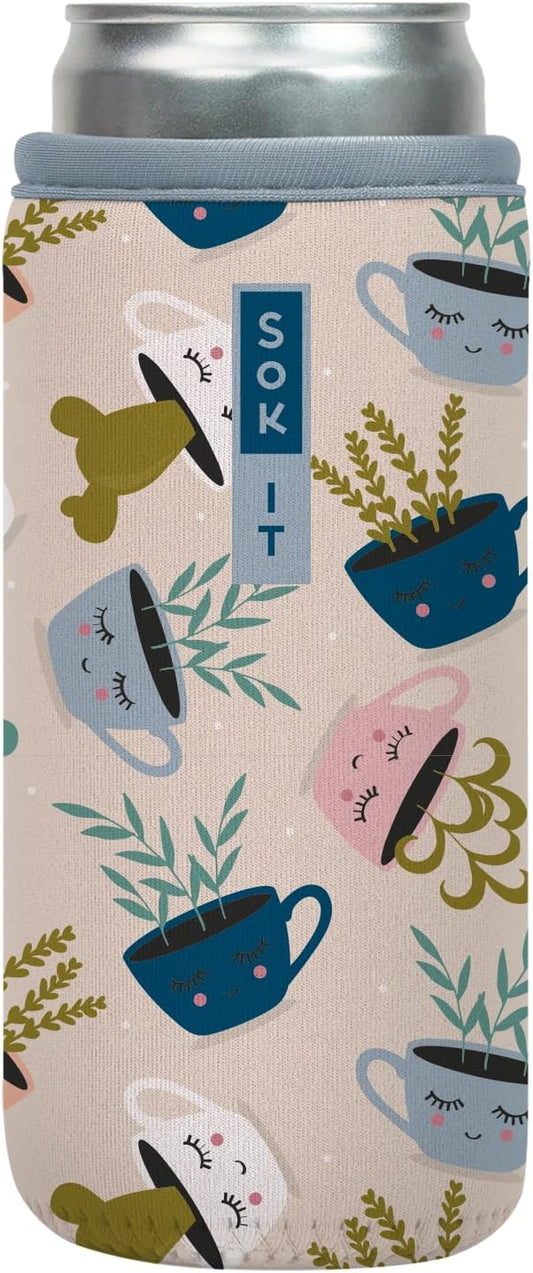 Sok It CanSok Sleeve for Beer & Soda Insulated Neoprene Cover (Botanical Teacups, 12oz Slim Can Sleeve)