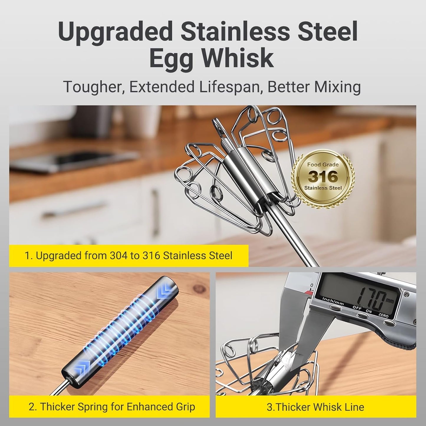 Egg Whisk,2025 Upgraded Stainless Steel Semi Automatic Whisk,Hand Wisk Egg Beater Easy to Use for Making Cream, Blending, Whisking, Beating & Stirring (12 Inch)