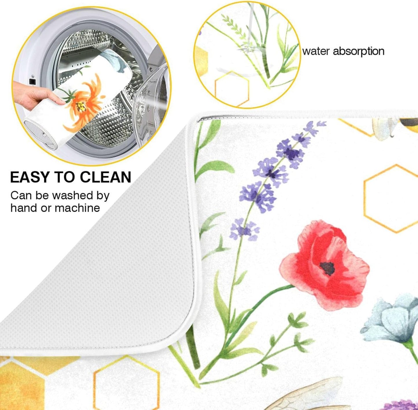 Wildflowers and Bees Dish Drying Mat for Kitchen Counter Absorbent Microfiber Drying Pad, Medium 16x18 in, Reversible Drainer Mats