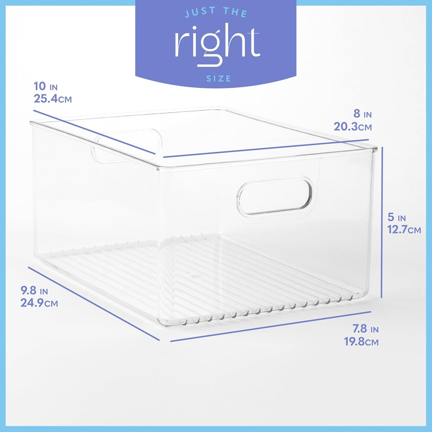 Plastic Food Storage 4 Pack Clear Container Bin with Handles for Organizing Kitchen, Pantry, Refrigerator, Freezer, Pantry, Cabinet, Closet, Bathroom 10”x8”x5”