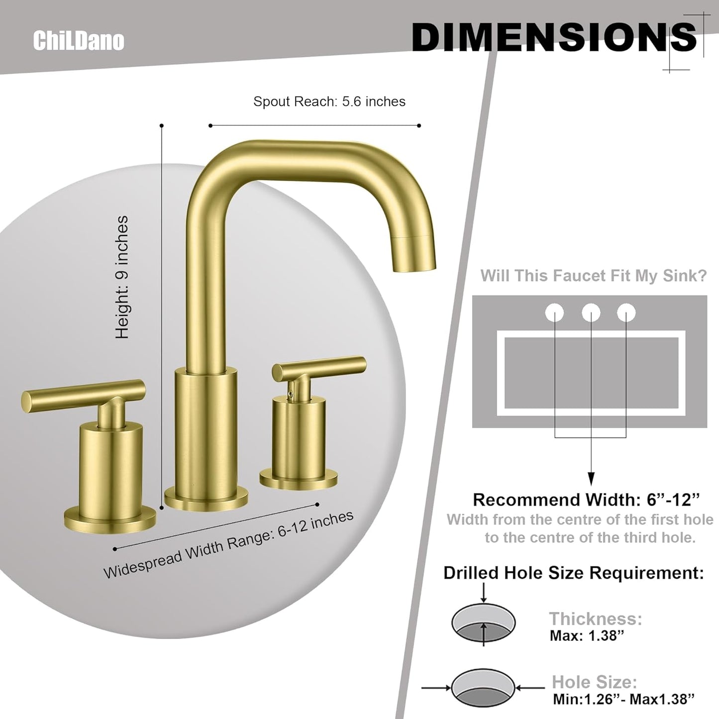 Gold Bathroom Faucet with Drain and Supply Hose, 2 Handles Brushed Gold Widespread Bathroom Faucet for Sink 3 Hole, Bathroom Faucet Gold CH3166BG