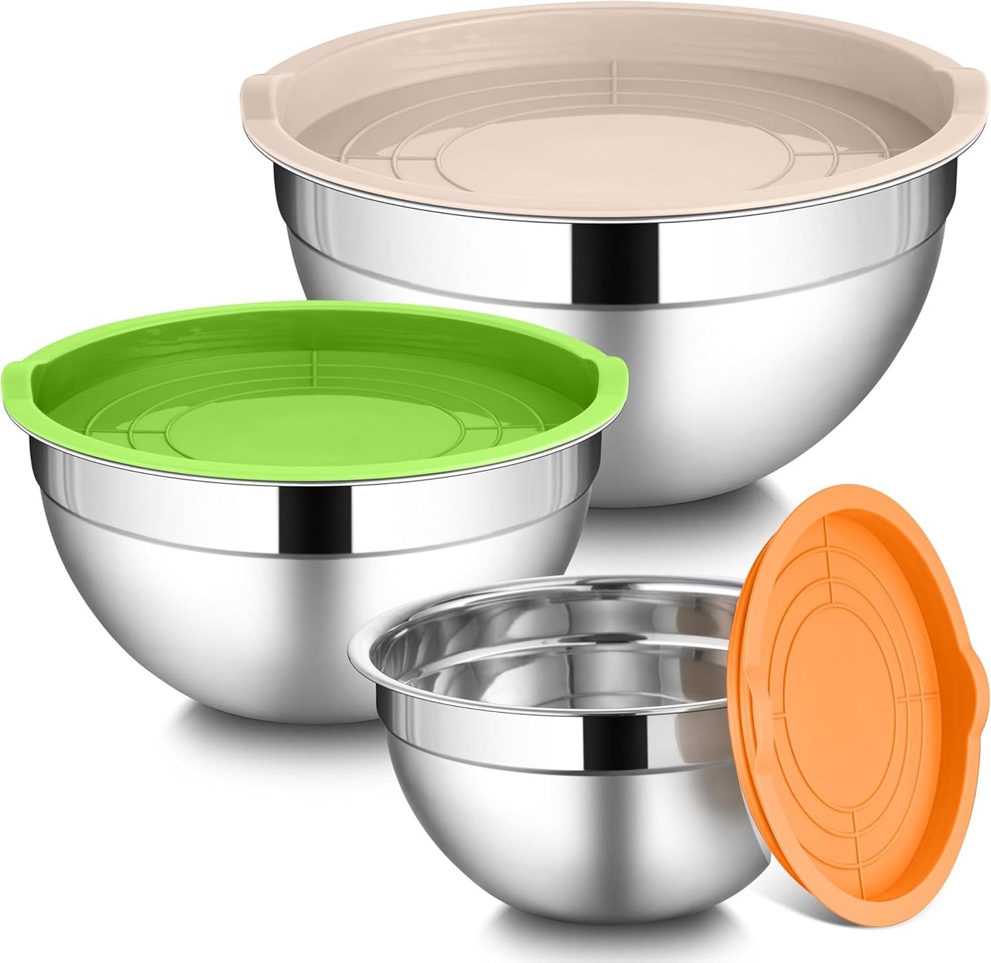 LIANYU Stainless Steel Metal Mixing Bowls, 3 Sizes Large and Small Salad Mixing Bowl Sets, Include Airtight Lids, Ideal for Kitchen Storage, Prepping, Baking, Three-Color