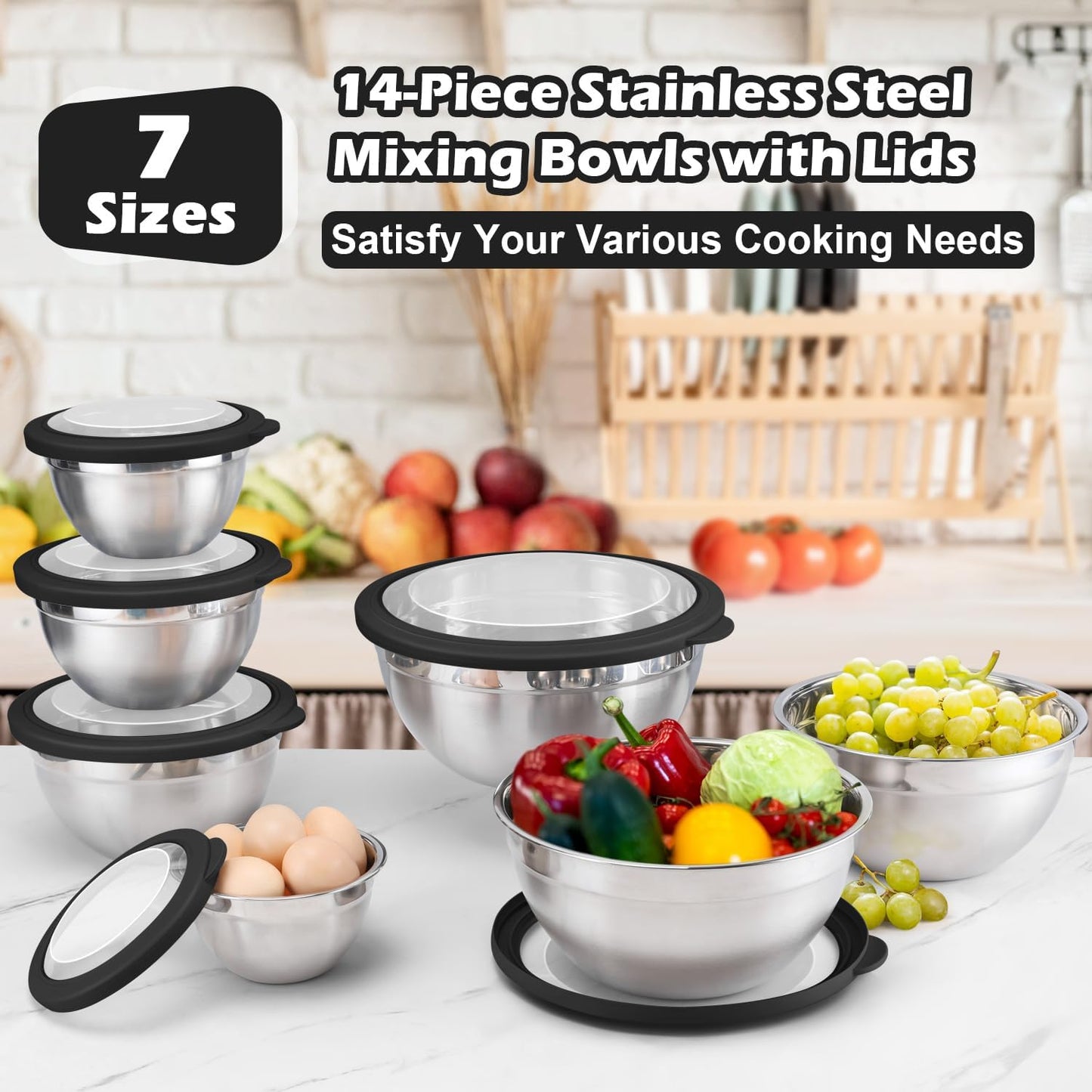 E-far Mixing Bowls Set of 7, Stainless Steel Mixing Bowls with Airtight Clear Lids, Metal Nesting Bowls for Kitchen Prep, Baking, Serving, Dishwasher Safe, Size 4.6, 3.5, 3, 2, 1.5, 1, 0.7QT, Black