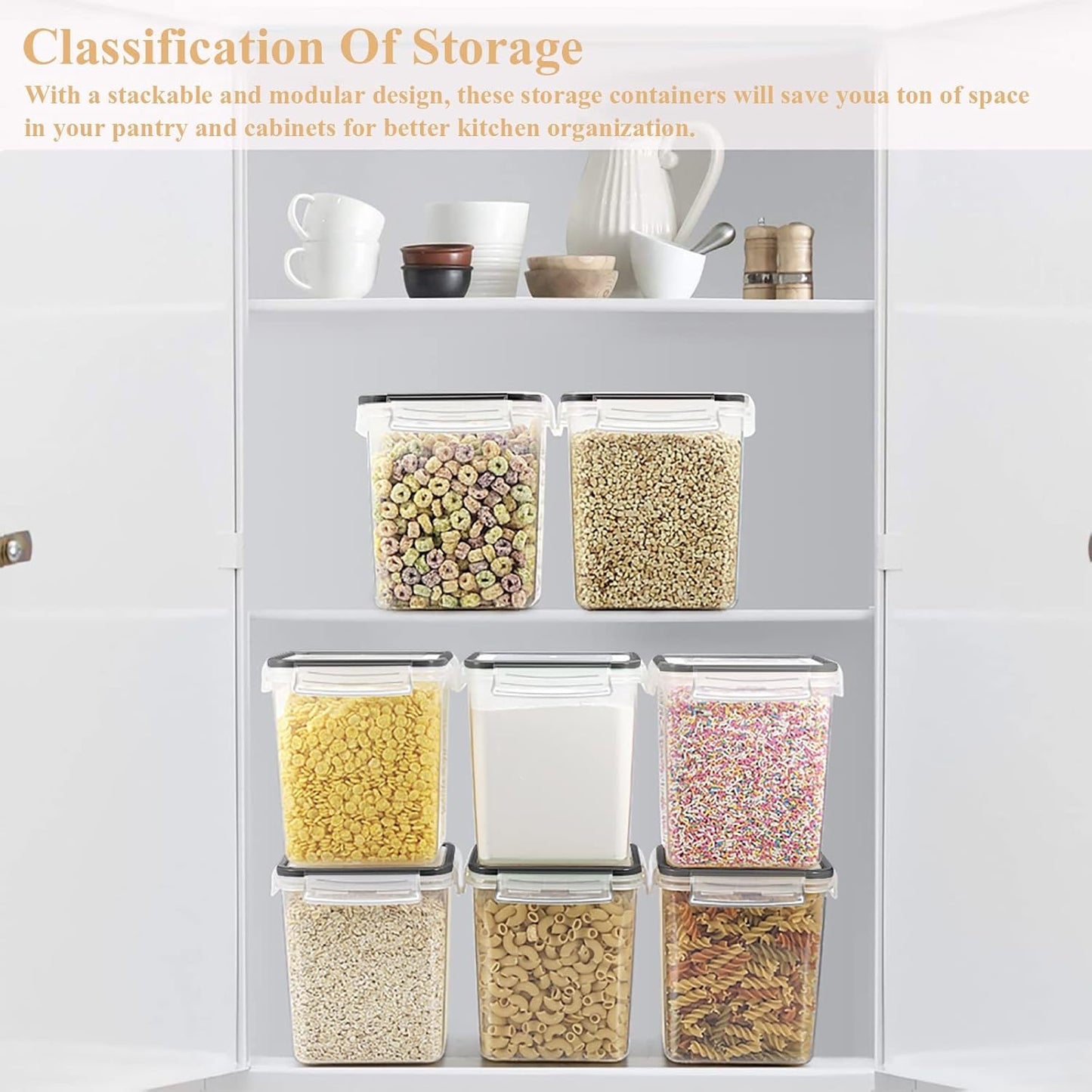 Cereal Container Food Storage Containers, Airtight Dry Food Storage Containers Set of 8 (2.5L/85oz) for Flour, Sugar, Cereal and Pantry Storage Containers with Black Locking Lids
