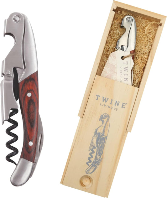 Twine Wood Handle Double HInged Corkscrew, Stainless Steel Wine Key with Foil Cutter