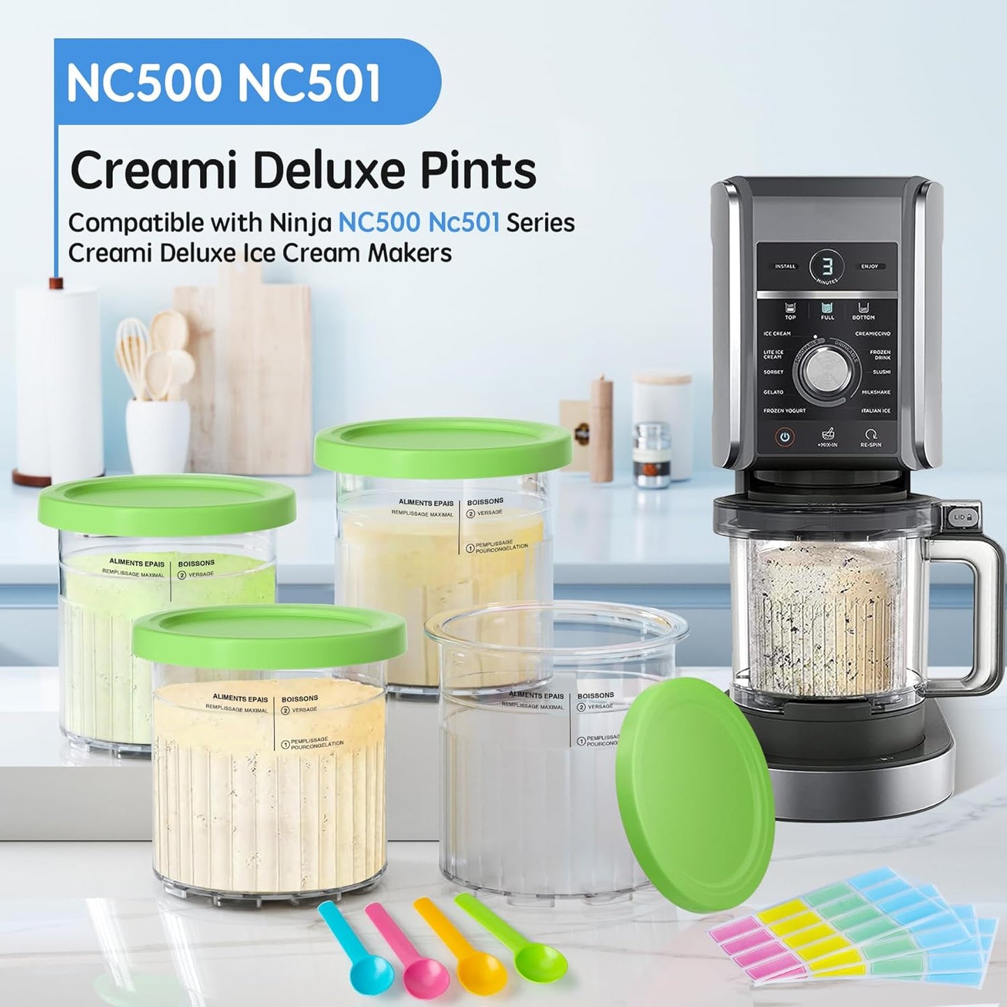 GuanQiao 4 Pack Creami Deluxe Pints & Lids for Ninja, 24 Oz Compatible with NC500 NC501 Series Ice Cream Makers, with 4 Spoons & 64 Writable Labels, BPA-Free & Dishwasher Safe, Green