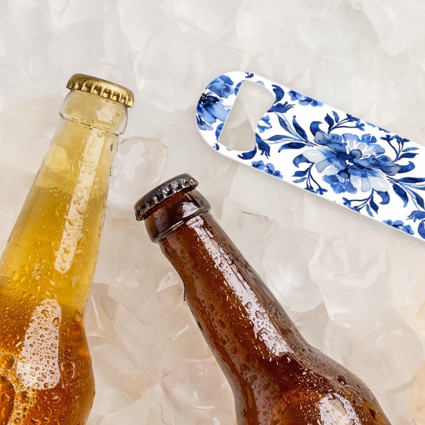 2 PACK Beer Bottle Opener, Stainless Steel Flat Bottle Openers,7 inch Metal Decor,Blue And White Hand-Painted Flower