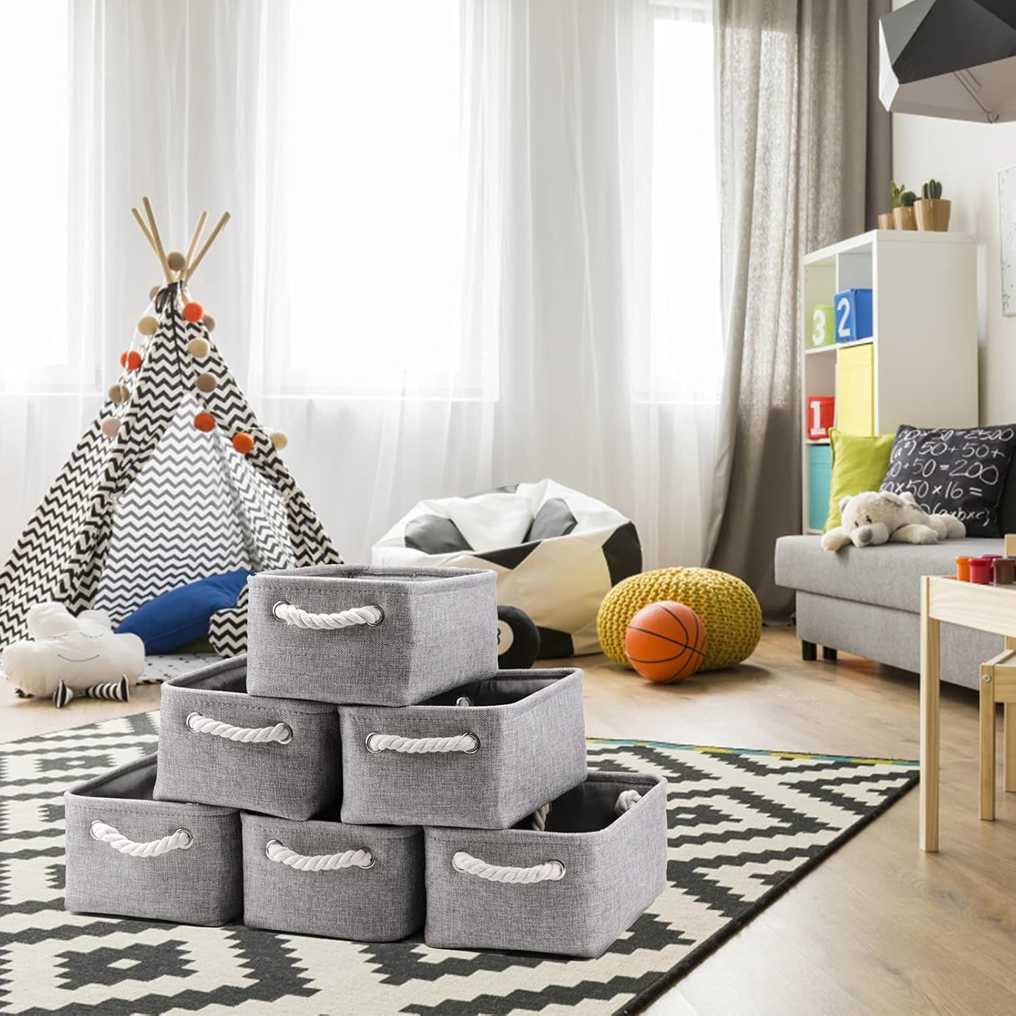 HNZIGE Small Baskets for Shelves(6pack) Fabric Storage Baskets, Empty Gift Baskets with Rope Handles, Decorative Foldable Storage Baskets for Organizing Home Closet Office (Gray, 11.8" x 7.8" x 5.1")