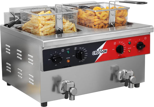 CROSSON 16L Dual Tank Countertop Electric Deep Fryer with "Swing-up and Hold",Drain Valve,Strech forming Oil Tank and Solid Wire Mesh Basket for Restaurant Use 120V,3600W Commercial Deep Fryer