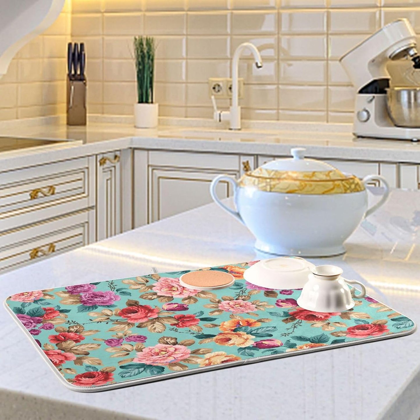 Colorful Flower Leaves Dish Drying Mat for Kitchen Counter Absorbent Microfiber Drying Pad, Large 18x24 in, Reversible Drainer Mats