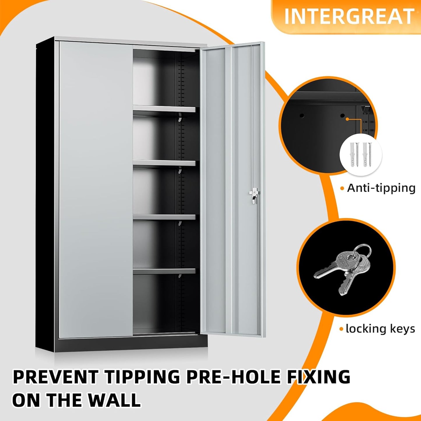 INTERGREAT Metal Storage Cabinets 72” Black Grey Garage Steel Storage Cabinet with Doors and Shelves, Steel File Cabinet for Home Office, Basement, Warehouse, Classroom（Anti Tipping）