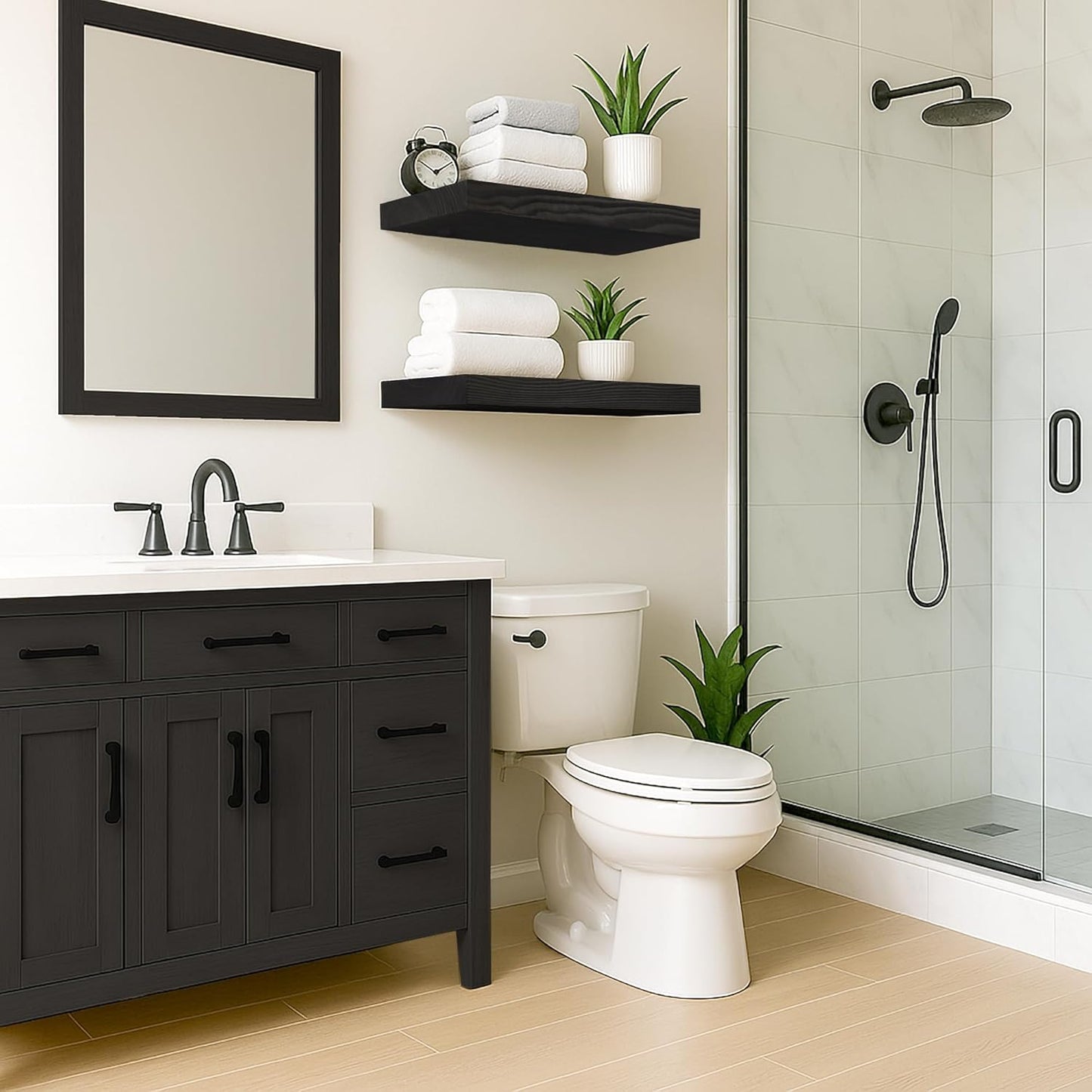 Rustic Floating Shelves 24 inch Long 8 inch deep Set of 2, Solid Wood Wall Shelves for Bedroom Living Room Kitchen,Book Shelf for Wall, Wall Mounted Shelves with Hidden Bracket- Black