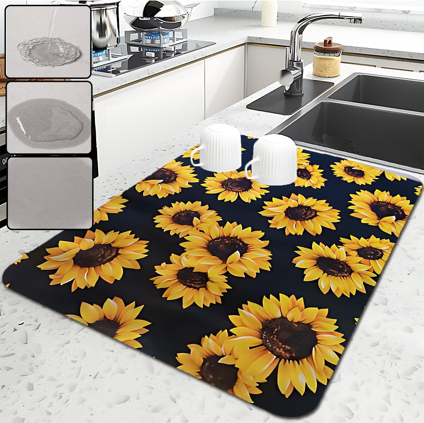 Dish Drying Mat Foldable Fall Kitchen Drying Mat Absorbent Sink Mat Multi-Purpose Coffee Pad Easy To Clean,Kitchen Gadgets,sunflower decor(sunflower) (16inches*20inches)