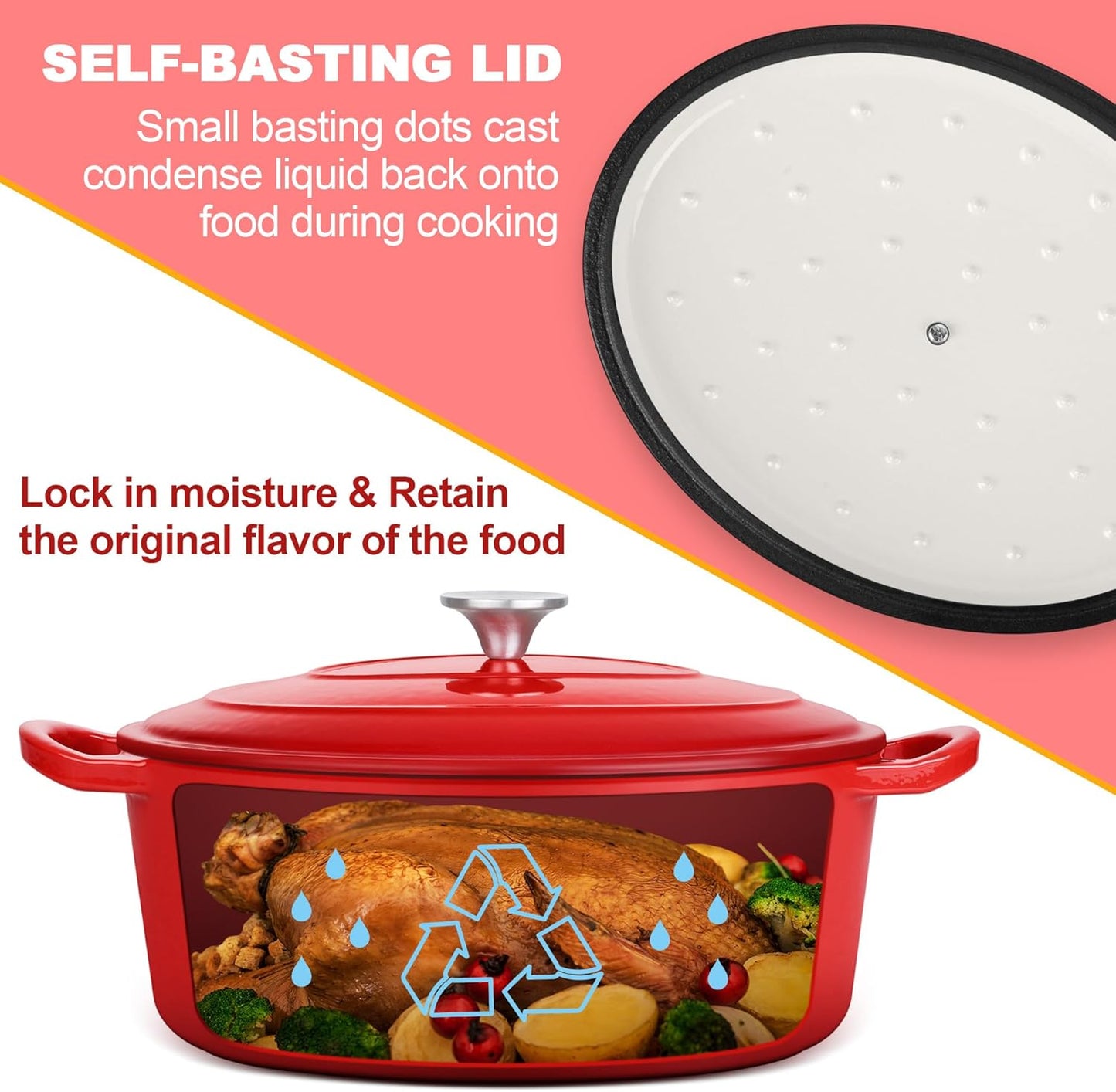 E-far 7QT Oval Dutch Oven Pot with Lid, Enameled Cast Iron Dutch Oven with Dual Handles for Sourdough Bread Baking Cooking, Nonstick Enamel Coated Cookware(Red), Non-Toxic & Easy Clean