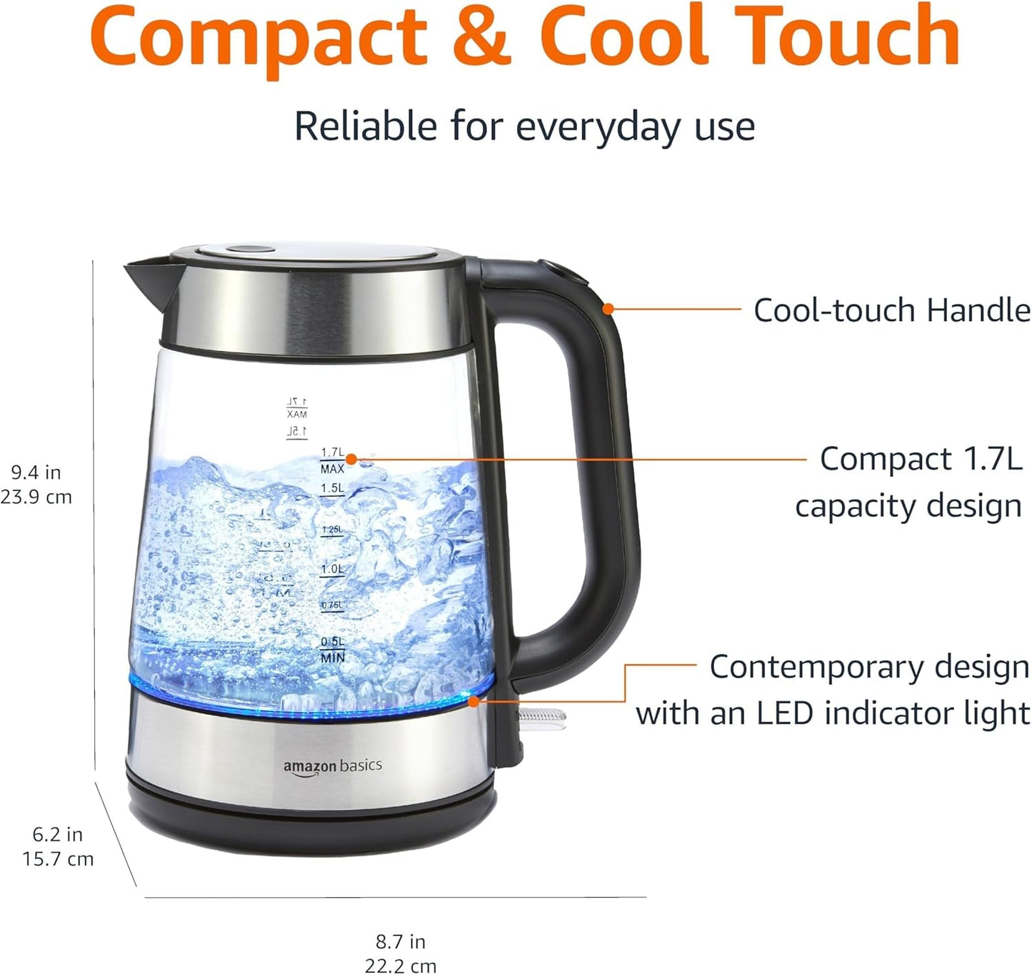 Amazon Basics Electric Kettle with Glass Carafe for Tea and Coffee, BPA-Free, Fast Boiling, Auto Shut-Off, 1.8 Quarts, 1500W, Black and Silver