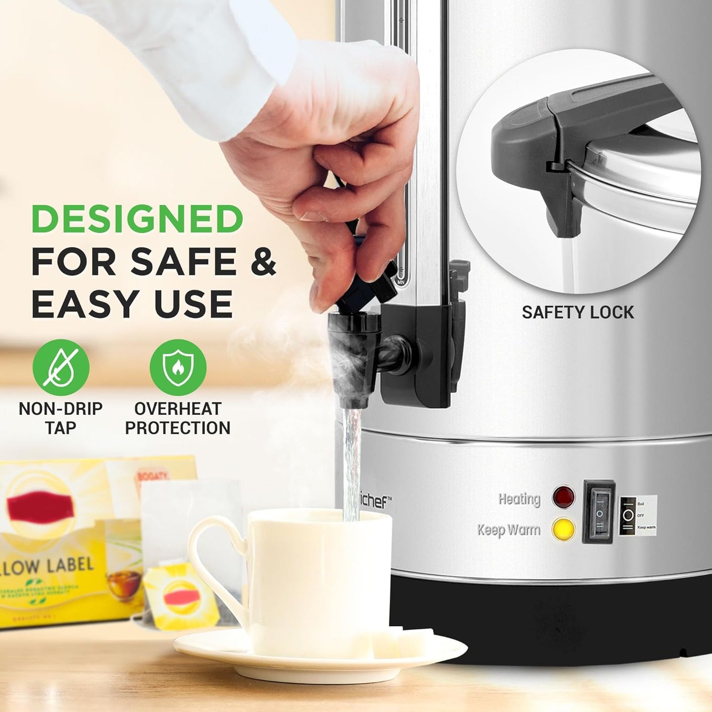 NutriChef Water Boiler and Hot Water Dispenser, 19L Electric Beverage Dispenser with Safety Lock Lid, Non-Drip Tap, Warm Function, Food Grade Stainless Steel, Home & Commercial Use, 19"x9"x9", Silver