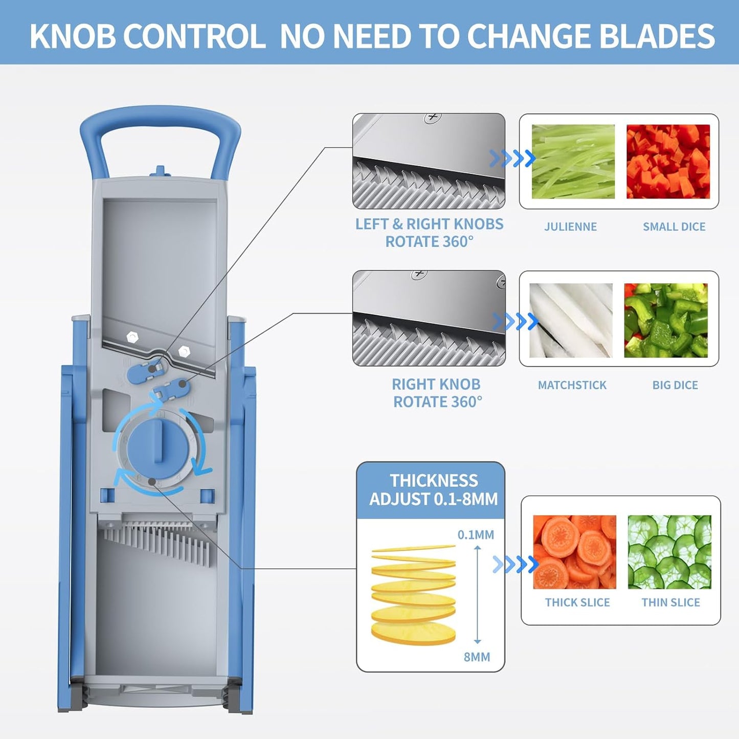 Upgrade Safe Mandoline Slicer for Kitchen, Vegetable Chopper Slicer, Potato Slicer Thickness Adjuster, French Fry Cutter, Veggie Onion Dicer Faster Kitchen Mandolin for Meal Prep (Blue)