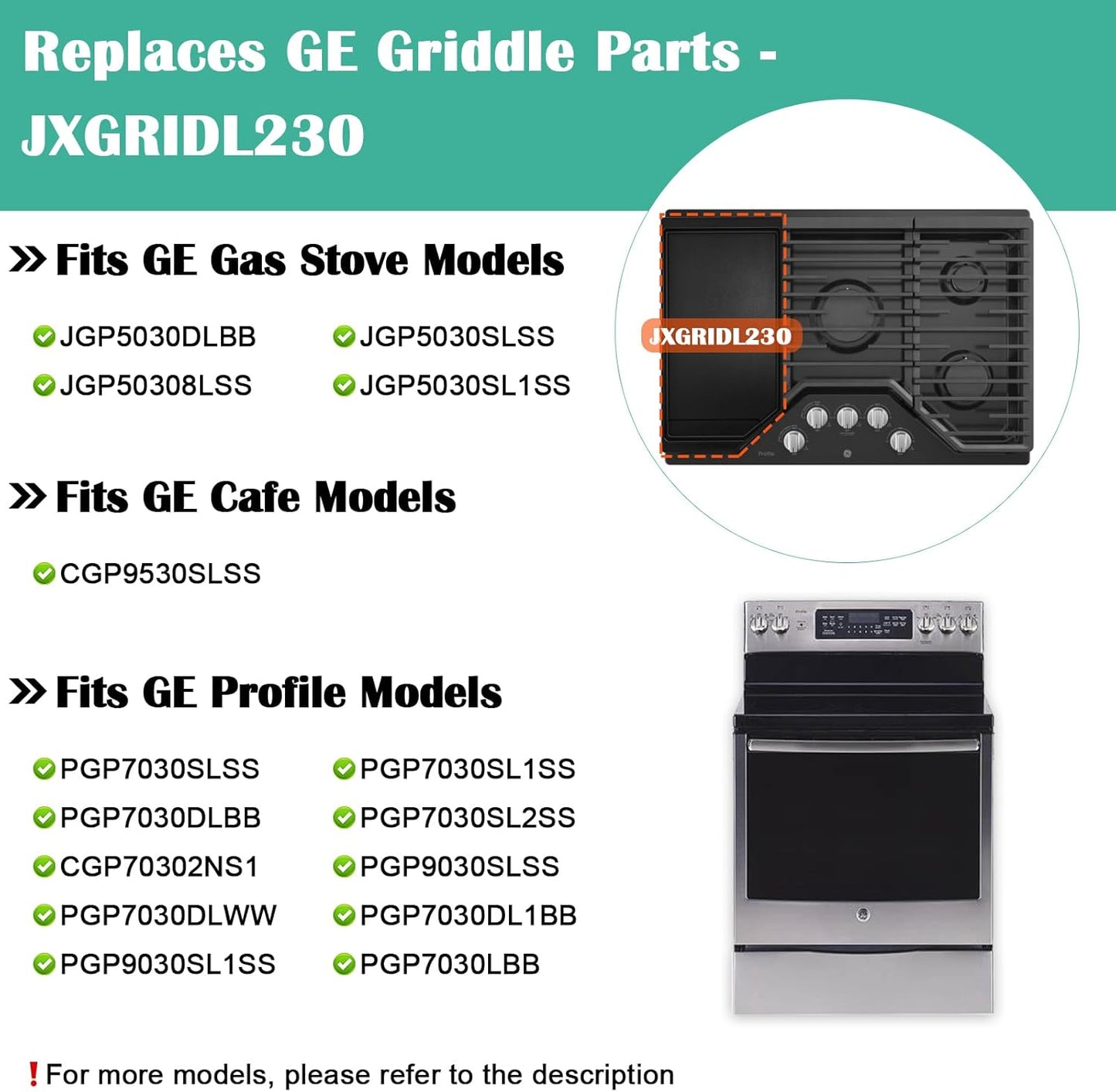 Cast Iron Griddle Replacement for GE Stove Top - Gas Griddle Plate for GE JGP5030SLSS, JGP5030DLBB, Cafe CGP9530SLSS, Profile PGP7030SLSS, PGP7030SL1SS, PGP9030SLSS 5 Burner Cooktop Pan