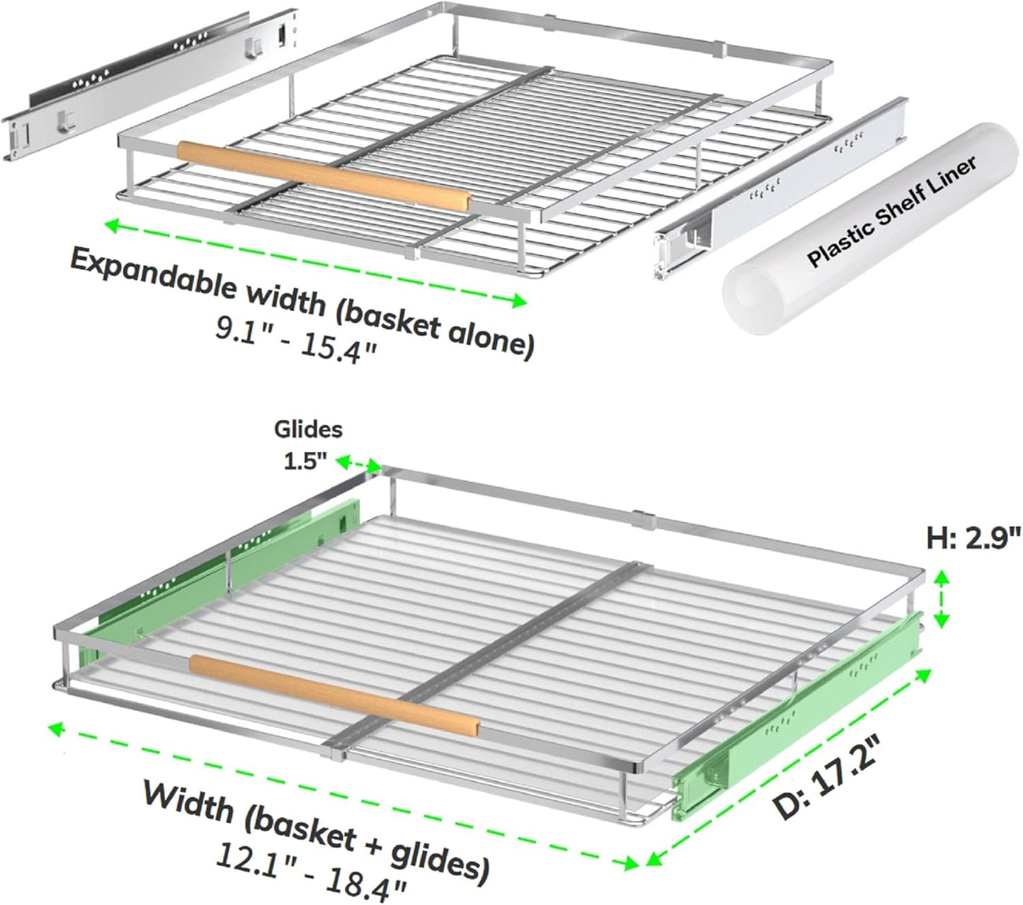 Pull Out Drawer Cabinet Organizers, Expandable Heavy Duty Slide Out Storage Shelf for Home Kitchen Pantry Cupboard Pots Pans, Adjustable Width 12.1" - 18.4", Stainless Steel 2 Pack