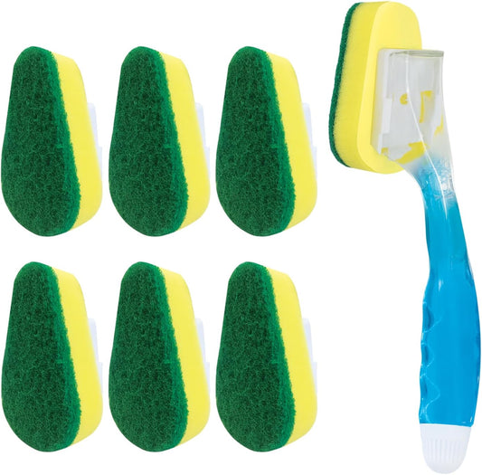 Lola Products Dish Brush w/Soap Dispenser Wand, Absorbent Sponge Scrubber, No Leaking. Clean Dishes, Sinks and Cookware, 1 Brush w/Head & 6 Refills