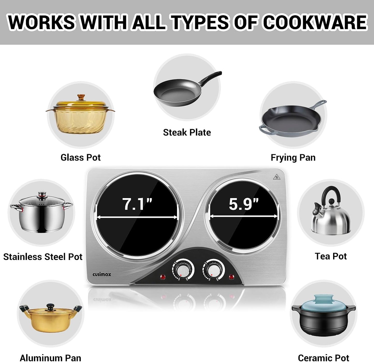 Hot Plate, CUSIMAX Electric Double Burner, Portable Ceramic Infrared Cooktop, Dual Control Cooking Stove, Heat-Up in Seconds, Compatible for All Cookwares, Silver