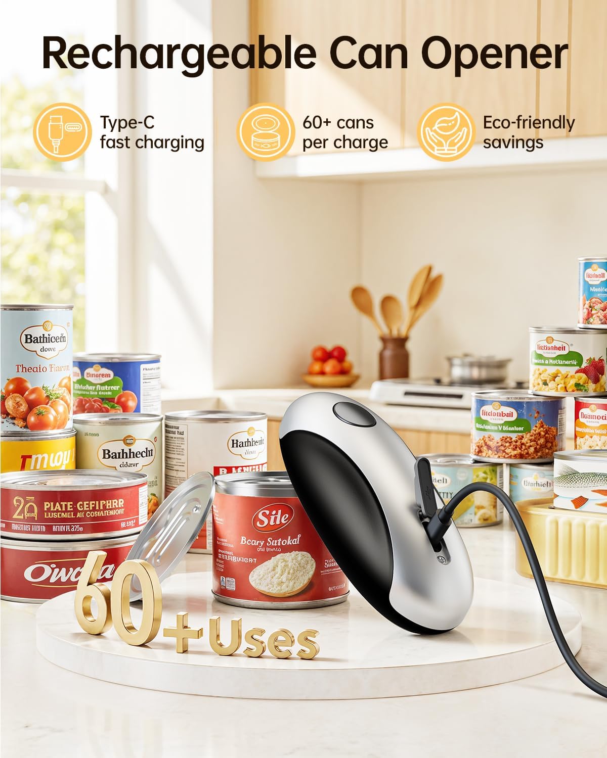 Rechargeable Electric Can Opener - Smooth Edge, One-Touch Automatic Can Opener for Seniors & Arthritis, Hands-Free Can Openers for Kitchen, Type-C Fast Charge, Compact Portable Can Openers