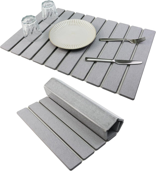 Large Stone Drying Mat for Kitchen Counter Diatomaceous Earth Collapsible 24”（L）*16”（W）Super Heat Resistant Mats, Quick Absorbent Dish Drying Rack（Light Gray）