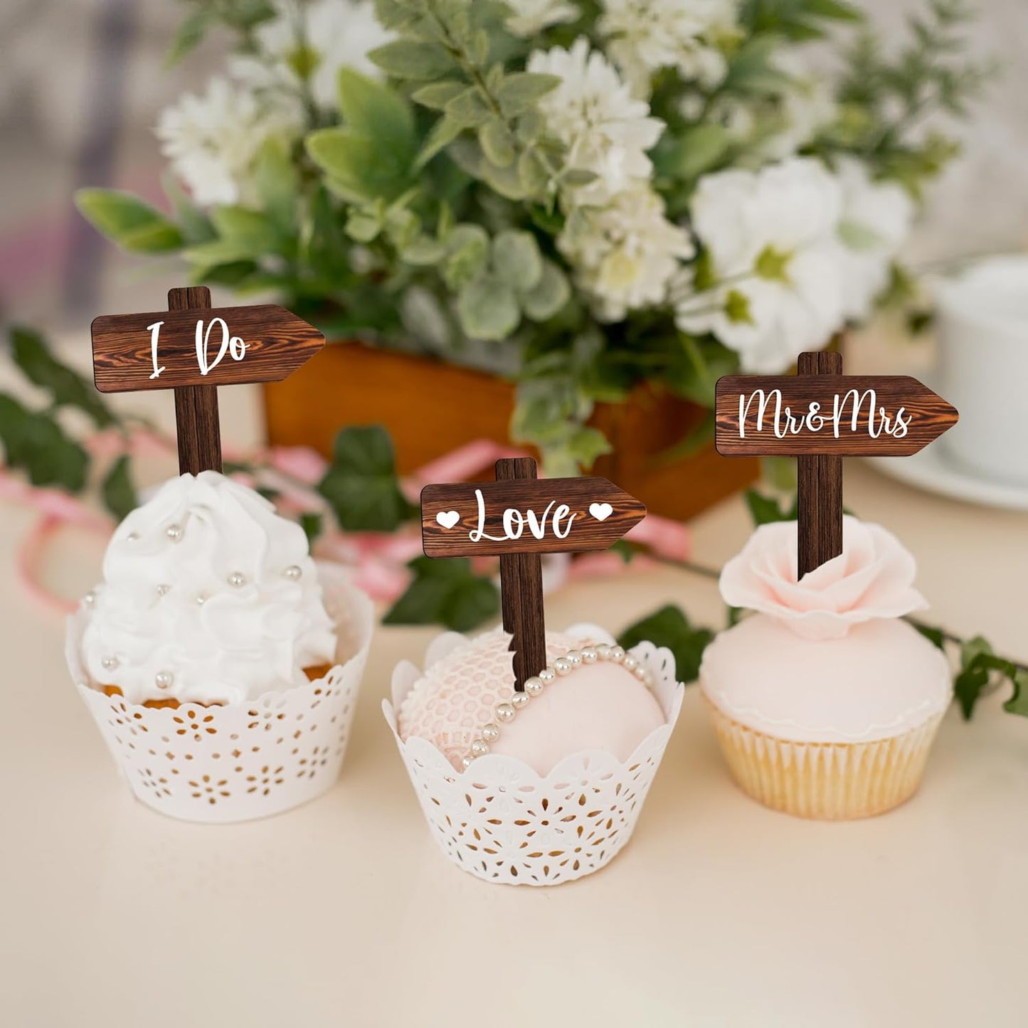 36 PCS Wedding Cupcake Toppers in Wood Rustic Wedding Cake Decoration