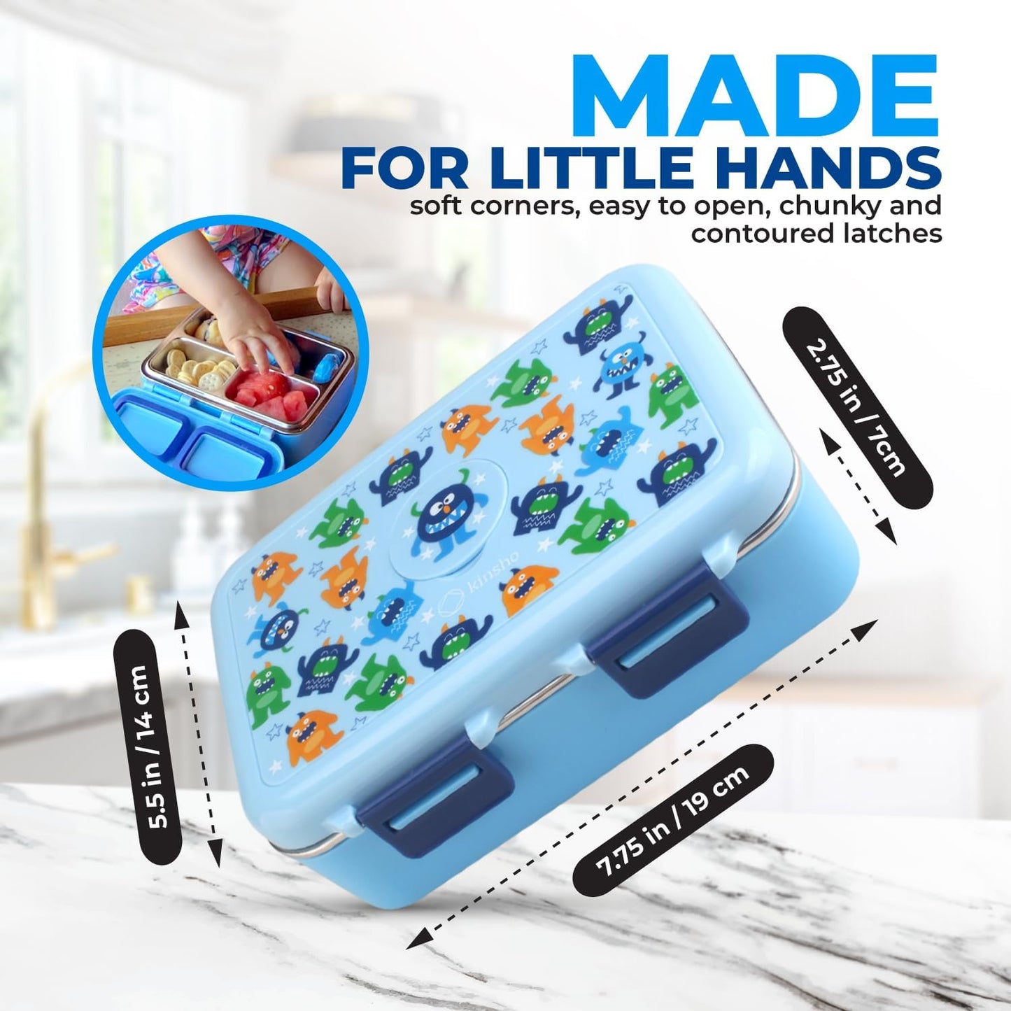 Stainless Steel Lunch Box for Baby Toddlers Boys, Mini Bento, 3 Eco Metal Portion Sections Leakproof Lid, Pre-School Daycare Lunches, Kids Spill-Proof Snack Container, 18 oz/ 550 mL Blue Cute Monster