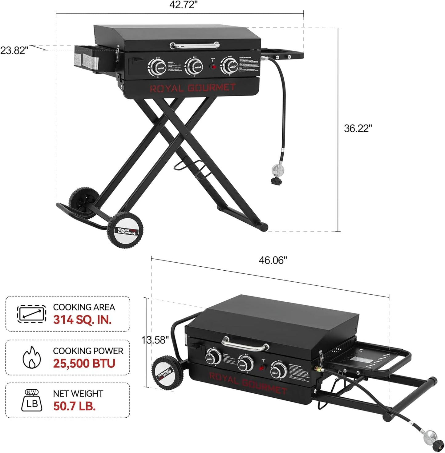 Royal Gourmet PD3001 3-Burner Propane Gas Griddle with Collapsible Stand, 23-Inch Portable Griddle with Side Table & 314 Sq. In. Cooking Area for Camping, Tailgating, Backyard & Patio, Black