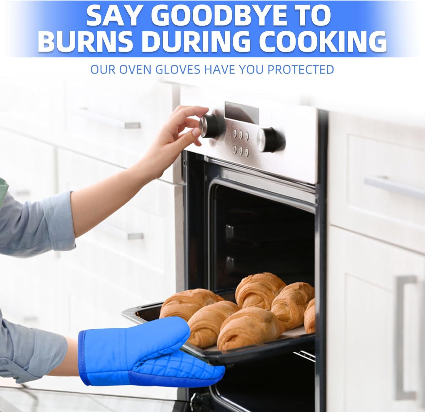 Mini Oven Mitts, Kitchen Oven Gloves Kitchen Mittens 500 Degrees Heat Resistant Baking Gloves, Non-Slip Silicone Surface with Hanging Loops Hot Gloves for Cooking, Baking, BBQ 1 Pair-Blue