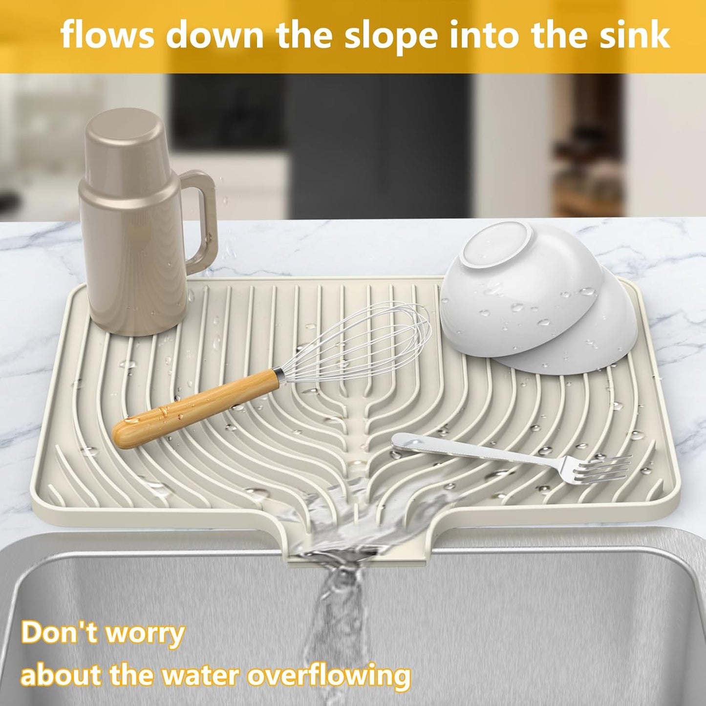 Silicone Drying Mat for Kitchen Counter, 18"×12" Silicone Dish Drying Mat with Board Drain,Rubber Kitchen Counter Dry Matt for Dishes Drying Rack(cream)