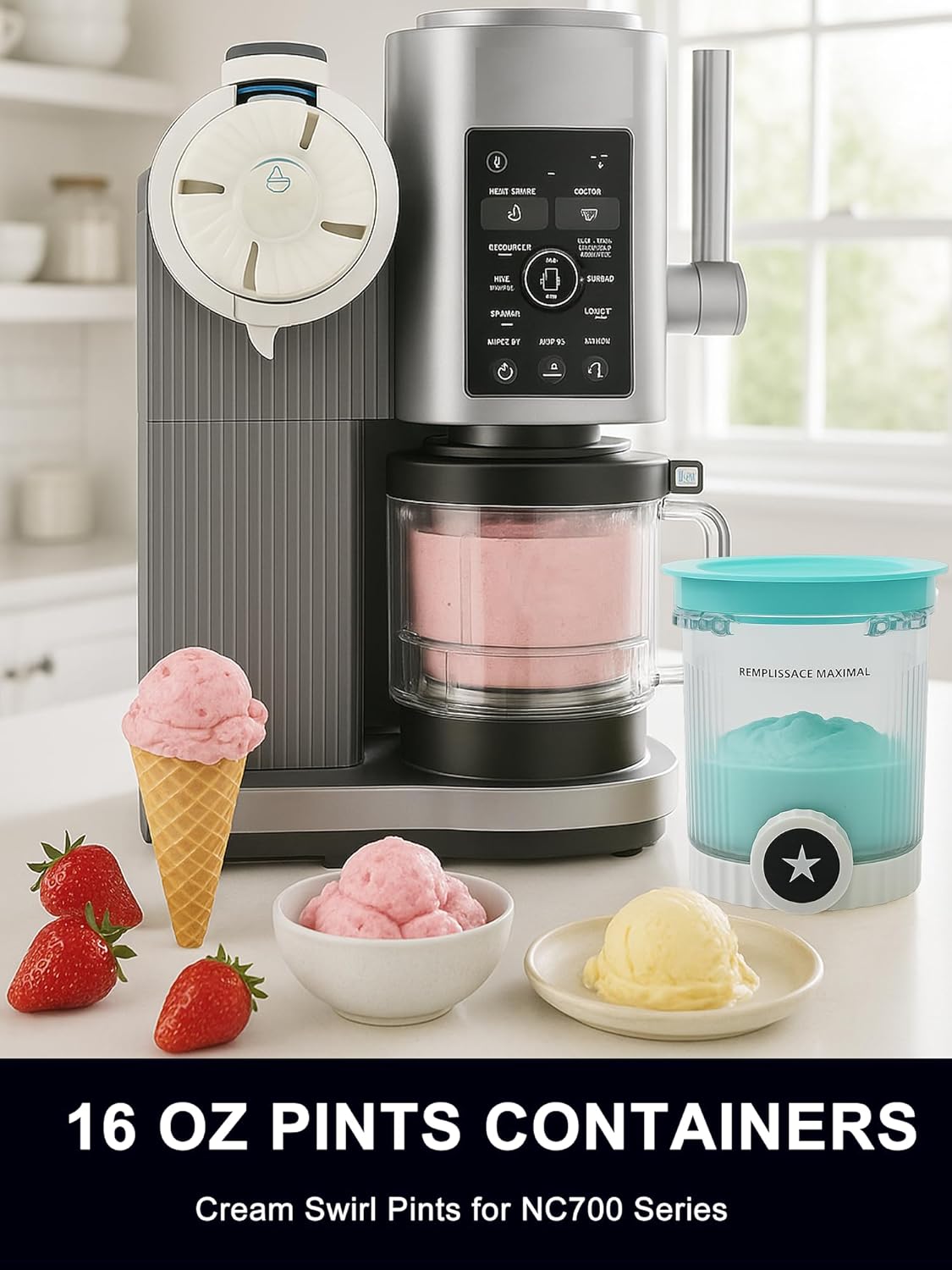 2 Pack Pint Containers Replacement for Ninja Creami Swirl NC700/NC701 Series, 16oz BPA-Free Ice Cream Pints with Lids, Leak-Proof & Dishwasher Safe (Grey/Blue)