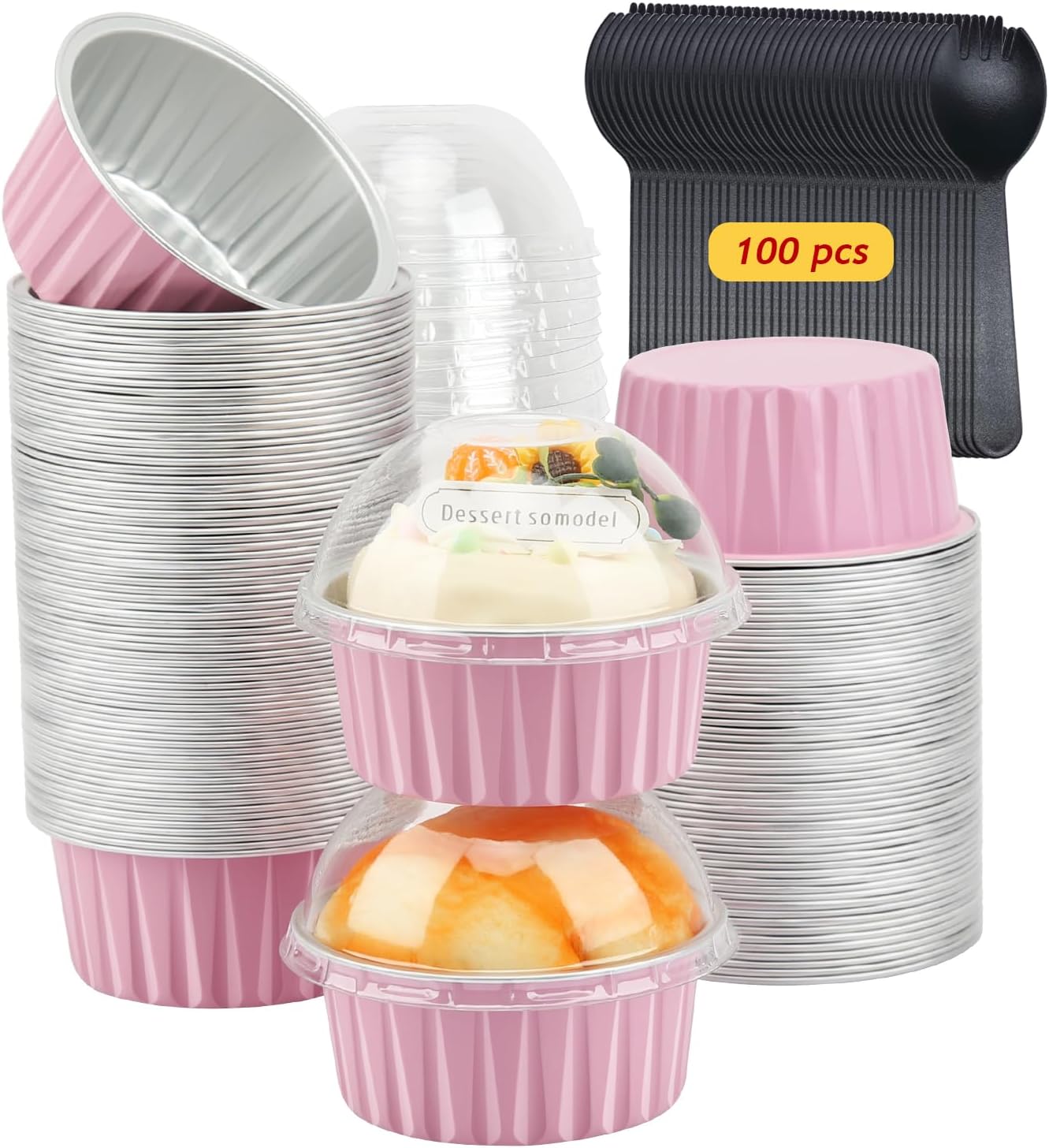 LNYZQUS 5oz Cupcake Pans with Dome Lids 100 Pack, Aluminum Foil Small Cake Baking Tin,Disposable Ramekins Cupcake Baking Cups Containers,Mini Pie Pans Muffin Tins Jumbo Cupcake Liners-Pink