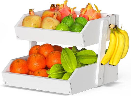 Bamboo Fruit Basket for Kitchen - 2 Tier Fruit Bowl, Large Holder With Banana Hangers, Idea For Vegetable Storage, Bread Display, Snack Organizer (White)