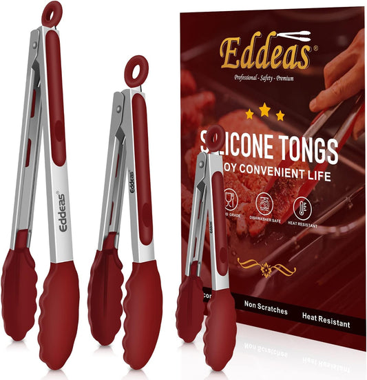 Tongs For Cooking - 7",9" and 12 inch Kitchen Tong with Silicone Tip,Heat Resistant 600 Degrees Metal Locking Tongs - for cooking,Salad and Barbecue,Red Set of 3