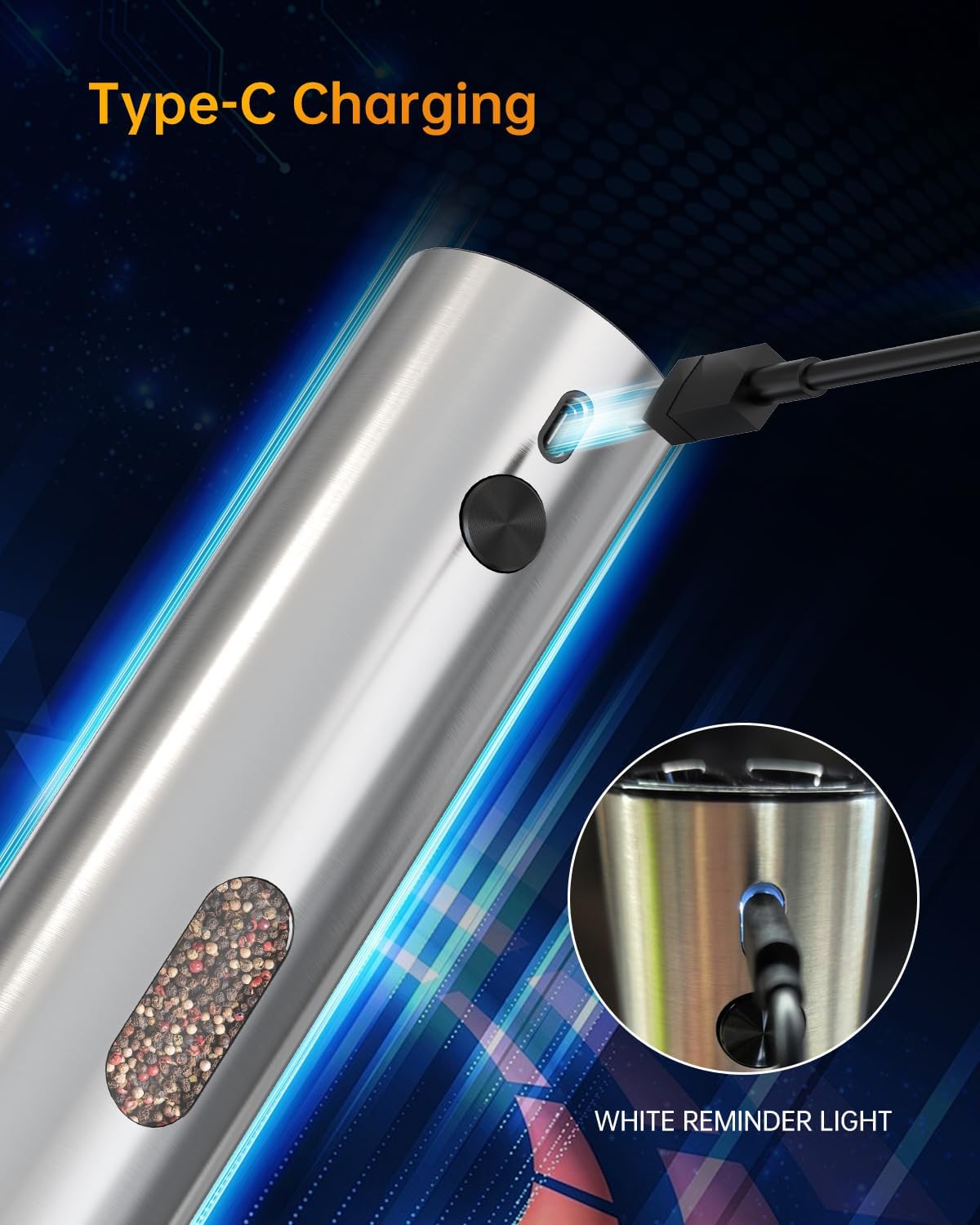 CIRCLE JOY Rechargeable Electric Pepper Grinder, Automatic Stainless Steel Pepper Mill Grinder with 110ml Container, Adjustable Coarseness and White LED Light, Silver