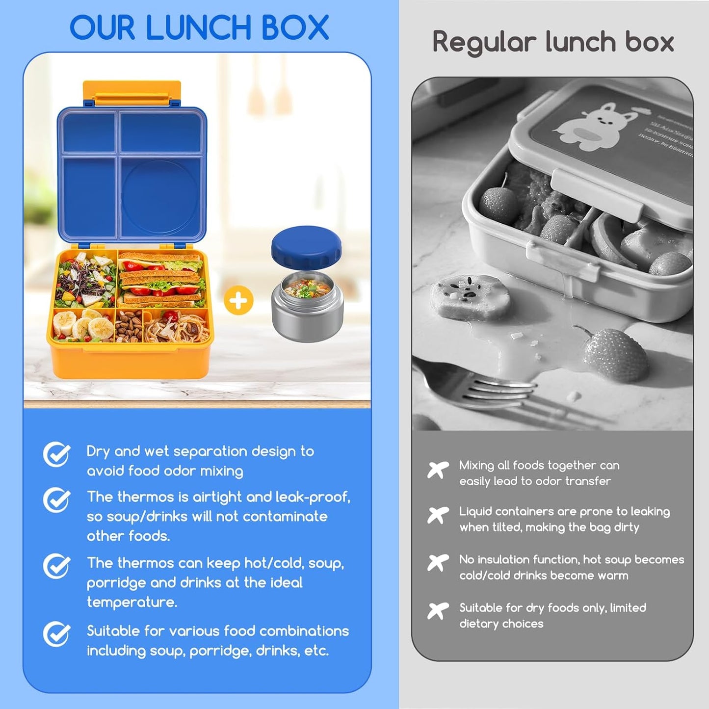 Bento Box for Kids - Leak-Proof Lunch Box with Insulated Thermos Food Jar - 4 Compartments, 1 Removable Divider, 1Spoon, 1 Fork - Dishwasher Safe, BPA-Free (Blue)