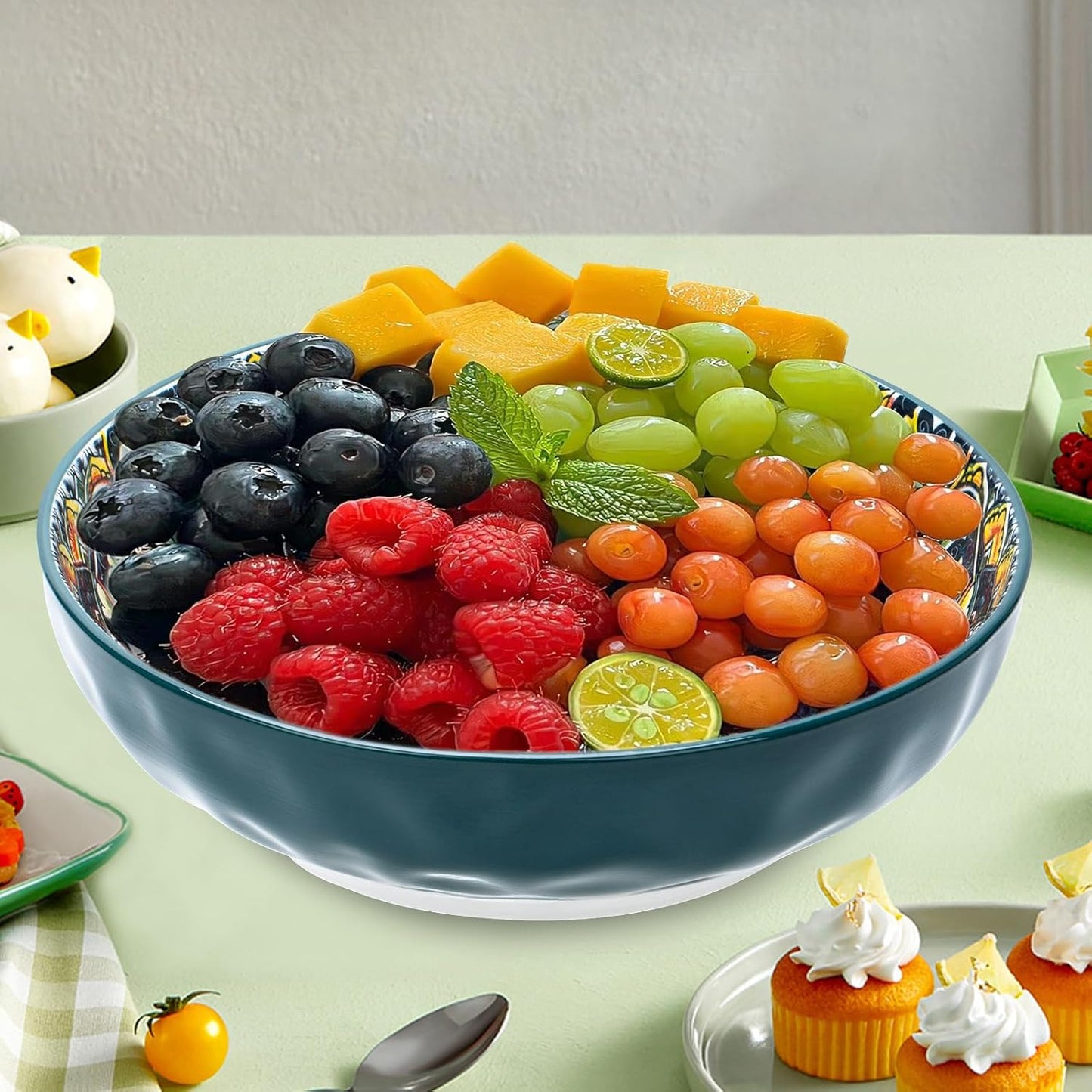 Large Serving Bowls, 75 Oz Fruit Salad Bowls, Bohemian Style Large Porcelain Dishes for Entertaining Parties,Big Bowls for Eating Soup, Salad, Pasta, Fruit, Chips, 10.3 Inch Diameter (green)