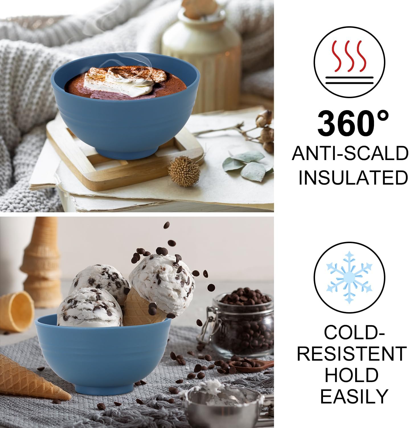 wheat straw dessert bowls 10oz set of 8 - Unbreakable snack Bowls Dishwasher Safe - Handy Bowls for Ice Cream,Yogurt and Fruits. Blue