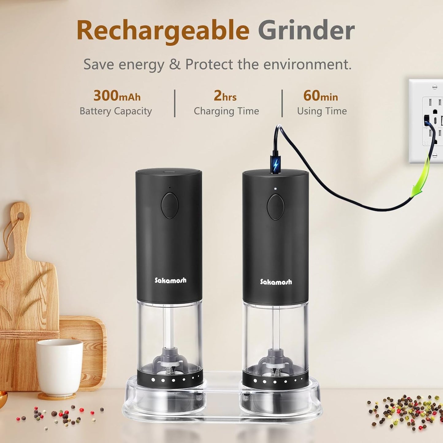 Electric Black Salt and Pepper Set with base, Rechargeable 6 External Adjustable Coarseness Automatic Pepper Mill Shakers, 95ml Large Capacity, One-Handed Operation 2 Pack