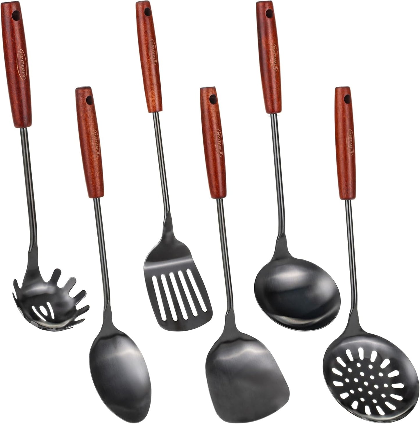 FJNATINH 304 Stainless Steel Kitchen Utensil Sets - 6 PCS Wok Spatula Sets Cooking Utensil Tools Spatula, Soup Ladle, Skimmer Spoon, Slotted Spatula Tunner, Spaghetti Spoon, Large Spoon