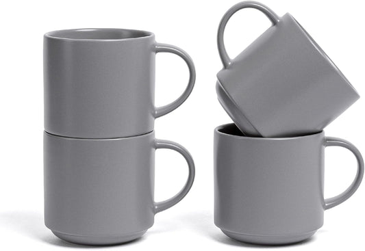 over&back Stackable Stoneware Coffee Mugs - 4-Piece Mug Set - Enjoy the Perfect Cup of Coffee, Tea, Latte, and More - Semi-Matte Charcoal - 14oz