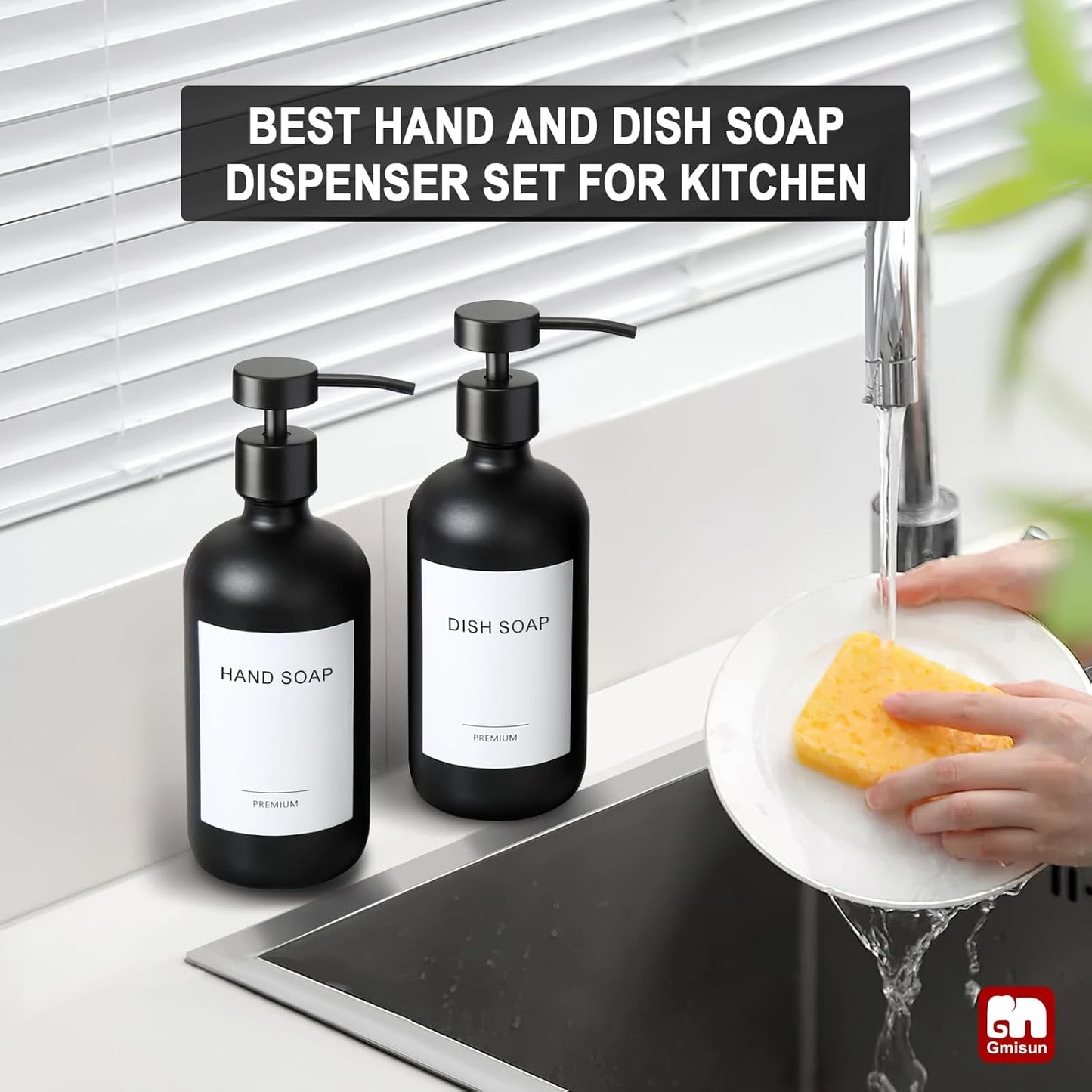 GMISUN Black Soap Dispenser, 2 Pack Matte Black Hand Soap Dispensers for Bathroom, 17 Fl Oz Glass Dish Soap Dispenser for Kitchen with Stainless Steel Pump, Modern Liquid Soap Bottle Set