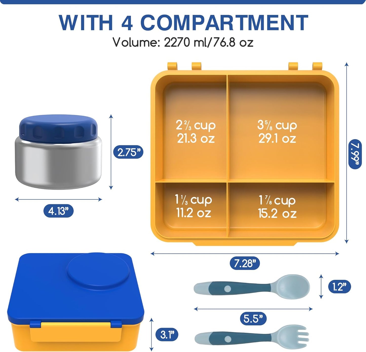 Bento Box for Kids - Leak-Proof Lunch Box with Insulated Thermos Food Jar - 4 Compartments, 1 Removable Divider, 1Spoon, 1 Fork - Dishwasher Safe, BPA-Free (Blue)