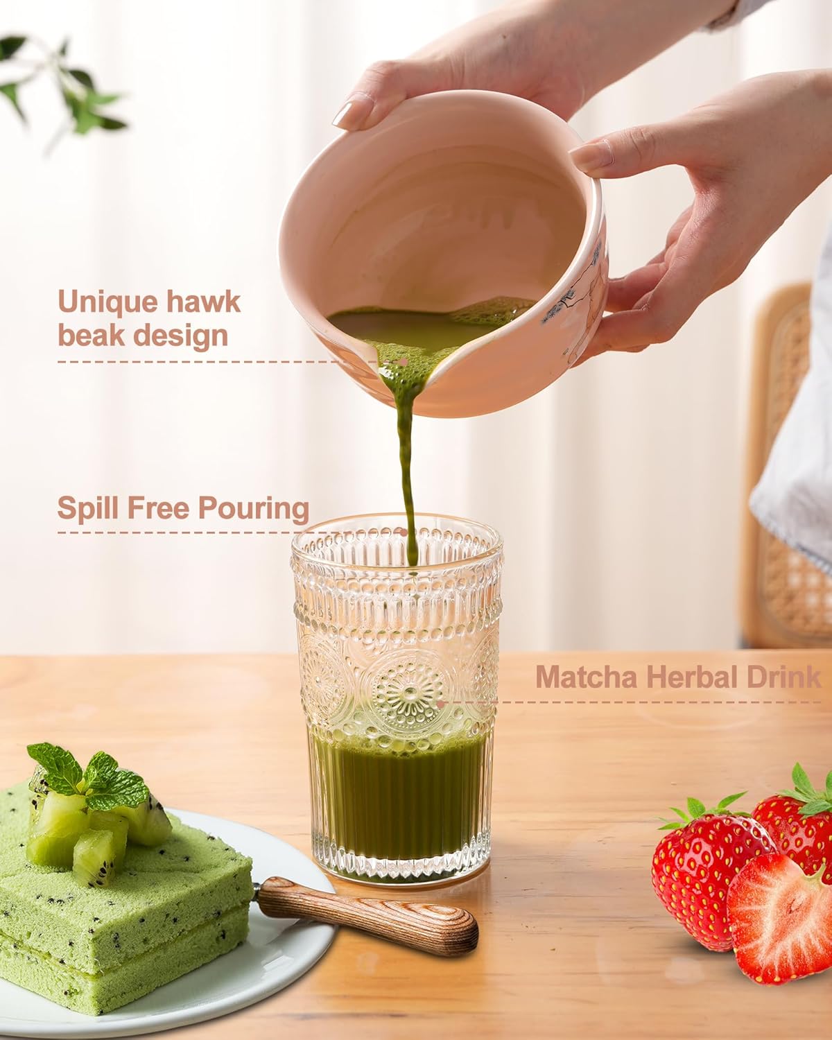 Matcha Whisk Set, Ceramic Matcha Set Includes Matcha Bowl, Matcha Whisk and Holder, Bamboo Scoop, Scoop Rest, Sifter and Tea Towel - 7 Pcs Matcha Kit(Pink)