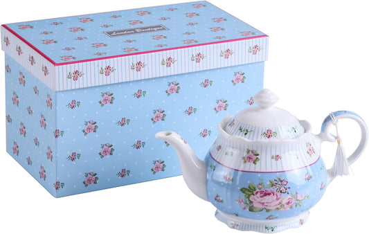 London Boutique Porcelain Teapot Sugar Bowl and Cream Milk Jug Shabby Chic Vintage Floral in Gift box 40oz (Teapot Rose Blue)