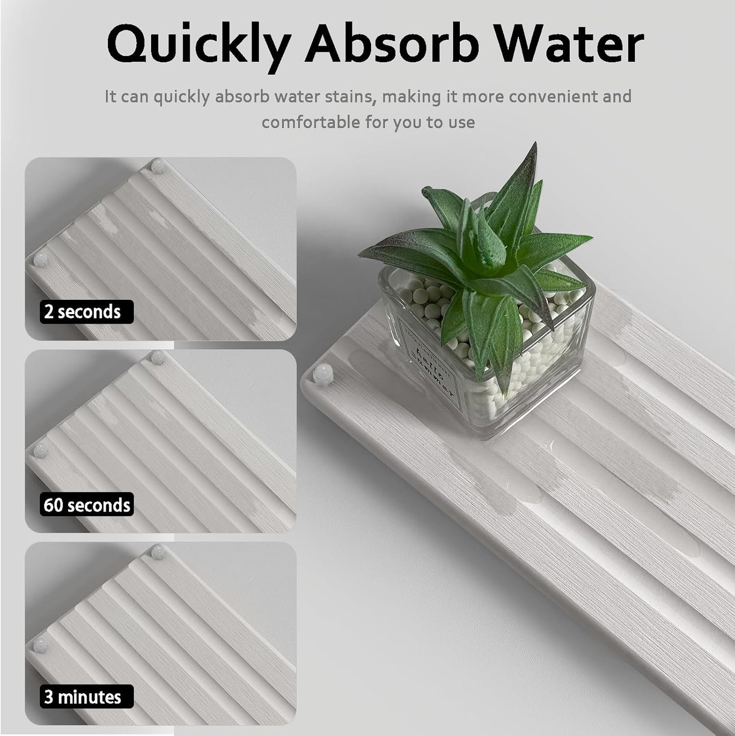 2 PCS Water Absorbing Stone Trays for Bathroom Counter, Fast-Drying Faucet Mat for Kitchen Sink, Diatomite Sink Caddy, Hand Soap Holder with Anti-Skid Feet (11" x 4.7" White)