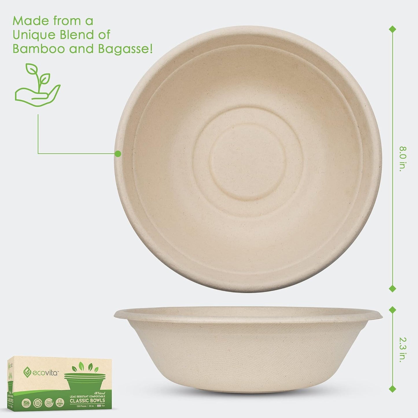 100% Compostable Paper Bowls [32 oz.] – 150 Disposable Bowls Eco Friendly Sturdy Tree Free Liquid and Heat Resistant Alternative to Plastic or Paper Bowls